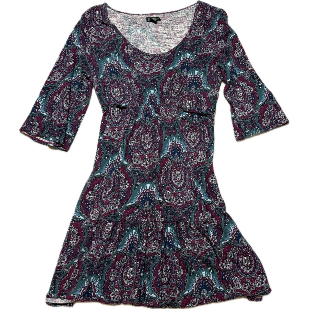 Lucky Brand Womens XL Paisley Cotton Mini Dress 3/4 Bell Sleeve Boho Plum Teal